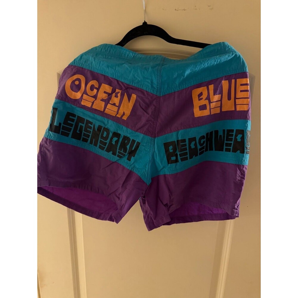 Vintage Ocean Blue Swim Trunks Mens Medium Purple Teal Colorblock Beachwear